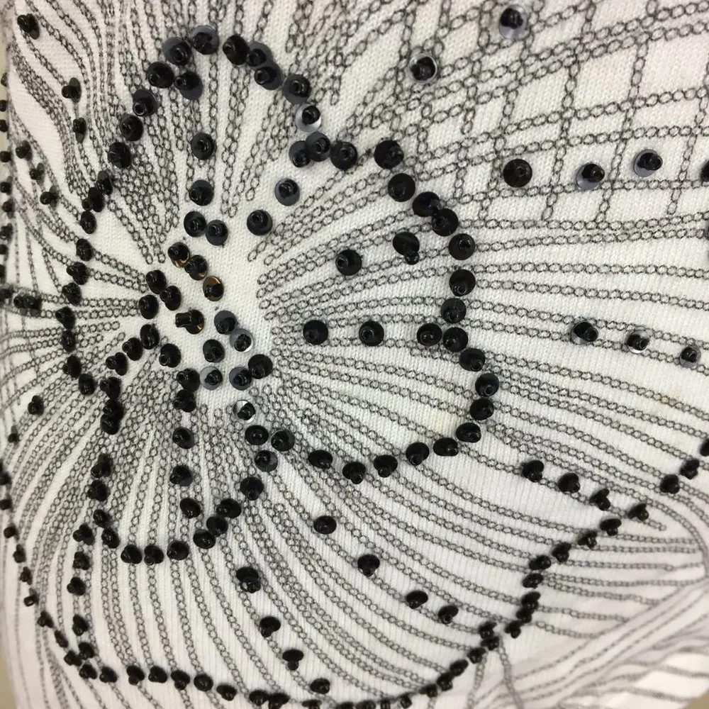 BCBGMAXAZRIA White Black Beads Floral Print Purple Trim Silk Blend Sweater - Picture 8 of 15